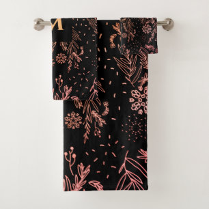 Cute Girly Rose Gold Floral signature Monogram Bath Towel Set