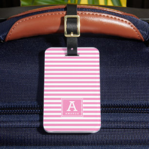 Cute Girly Rose Pink Stripes Monogrammed Initials Luggage Tag