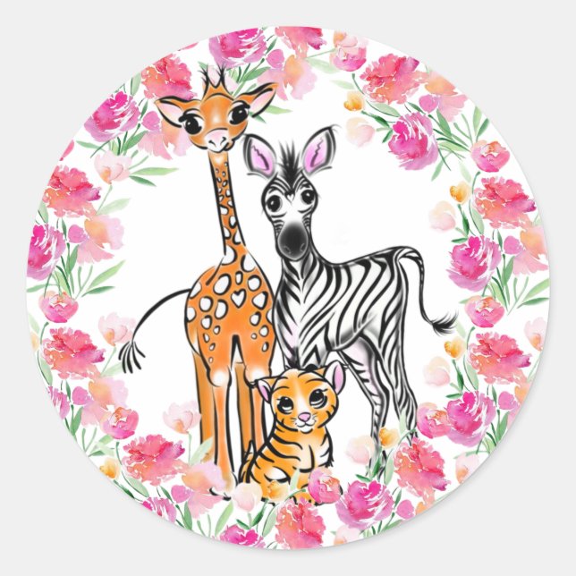 Cute girly Safari friends, giraffe, zebra, tiger Classic Round Sticker (Front)