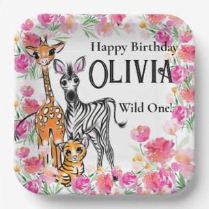 Cute girly Safari friends, giraffe, zebra, tiger Paper Plate