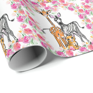 Cute girly Safari friends, giraffe, zebra, tiger Wrapping Paper