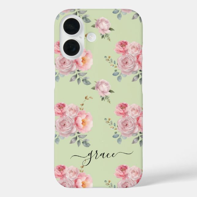 Cute Girly Sage Green Pink Floral Personalised Case-Mate iPhone Case (Back)