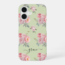 Cute Girly Sage Green Pink Floral Personalised