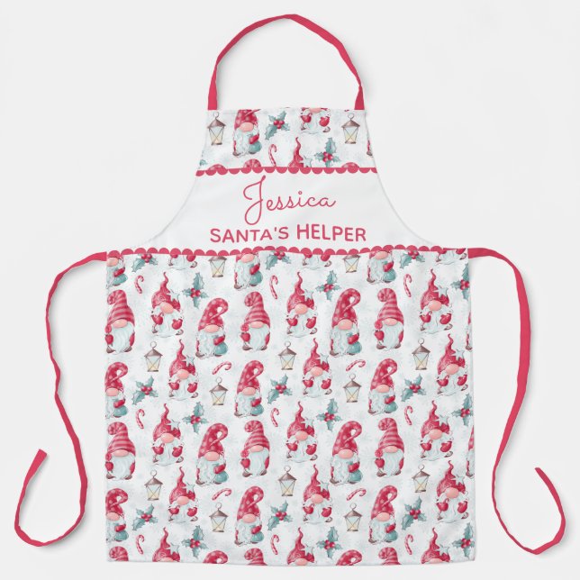 Cute Girly Santas Helper Name Christmas Gnome Apron (Front)