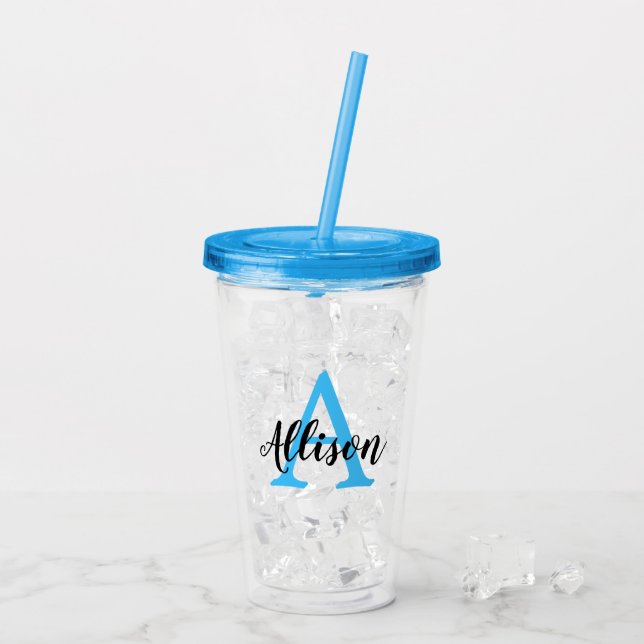 Cute Girly Script Blue Personalised Monogram Acrylic Tumbler (Back Ice)