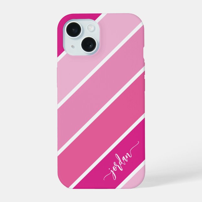 Cute Girly Script Name Pink Stripes Pattern iPhone 15 Case (Back)