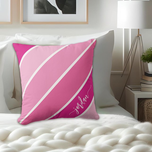 Cute Girly Script Name Pink Stripes Pillow (Personalize with any name.)