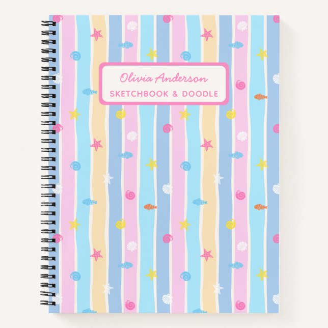 Cute Girly Seashells and Fish with Stripes Custom Notebook (Front)