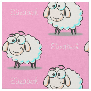 Cute Girly Sheep Pattern with Name on Pink Fabric
