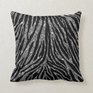 Cute Girly Silver Faux Glitter Zebra Black Pattern Cushion
