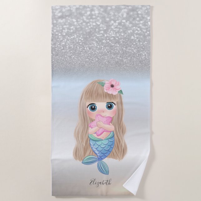 Cute Girly Silver Glitter Bokeh Mermaid Star Beach Towel (Front)