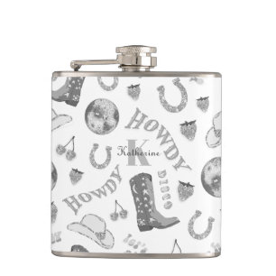 Cute Girly Silver Grey Disco Cowgirl Name Monogram Hip Flask