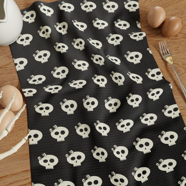 Cute Girly Skull Black Halloween Kitchen Towel (Cute skull pattern kitchen towel for your Halloween Kitchen)