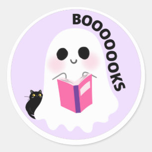 Cute girly spooky ghost black cat reading boooks classic round sticker