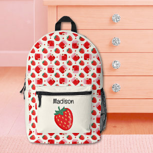 Cute Girly Strawberries, Jam & Hearts Pattern Printed Backpack