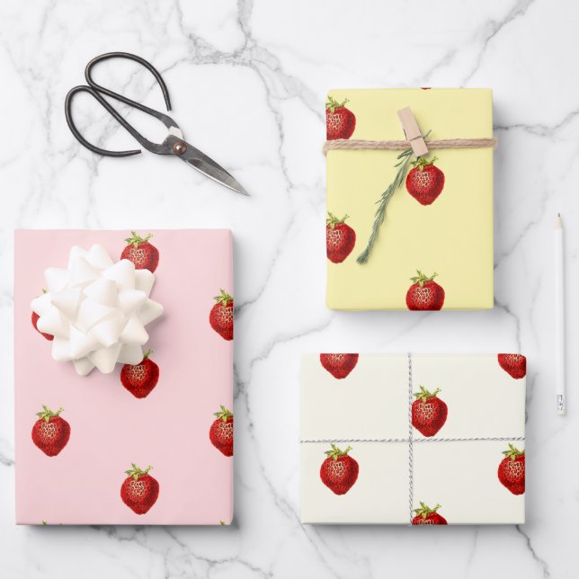 Cute Girly Strawberry Pink Cream White  Wrapping Paper Sheet (Front)