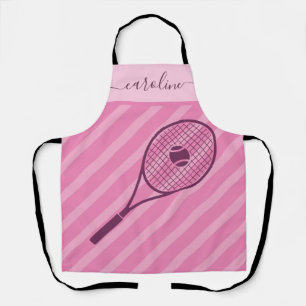 Cute Girly Striped Pink Tennis Theme Girl's Name Apron