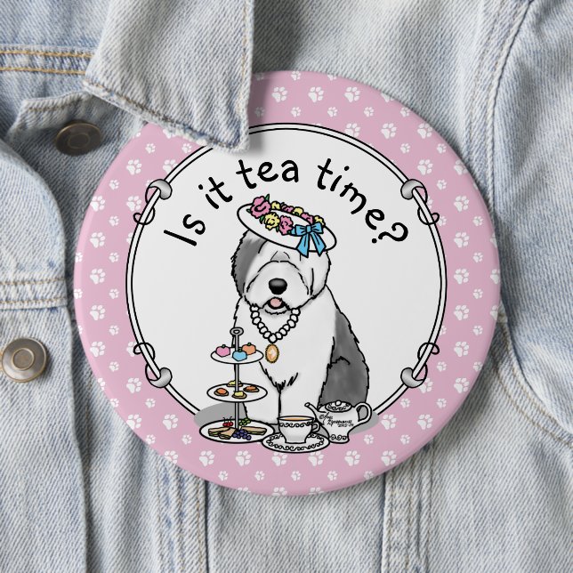 Cute Girly Tea Party Old English Sheepdog (Gray 1) 6 Cm Round Badge (In Situ)
