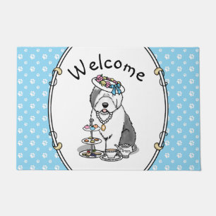 Cute Girly Tea Party Old English Sheepdog (Grey 1) Doormat