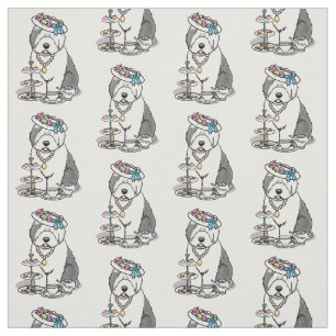 Cute Girly Tea Party Old English Sheepdog (Grey 1) Fabric