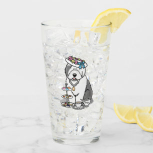 Cute Girly Tea Party Old English Sheepdog (Grey 1) Glass