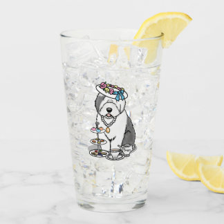 Cute Girly Tea Party Old English Sheepdog (Grey 1) Glass