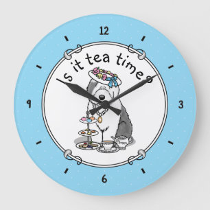 Cute Girly Tea Party Old English Sheepdog (Grey 1) Large Clock