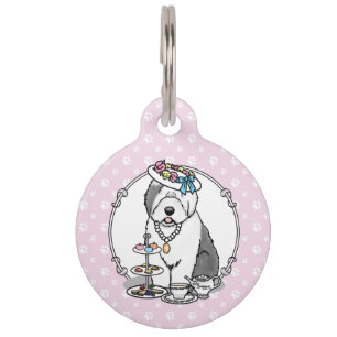 Cute Girly Tea Party Old English Sheepdog (Grey 1) Pet Tag