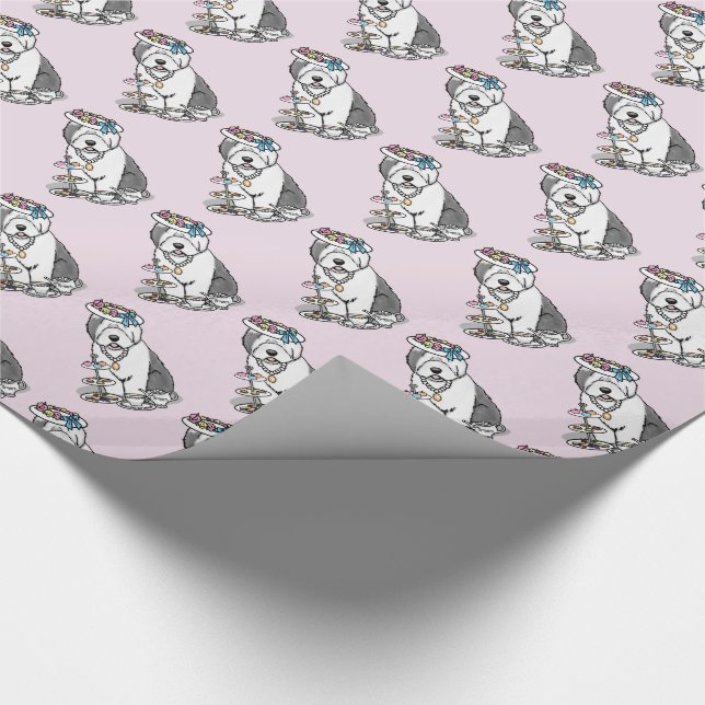 Cute Girly Tea Party Old English Sheepdog (Grey 1) Wrapping Paper (Corner)
