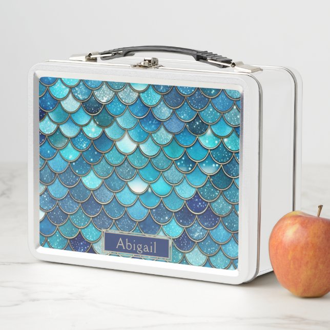 Cute Girly Teal Blue Gold Mermaid Scales Pattern Metal Lunch Box (In Situ)