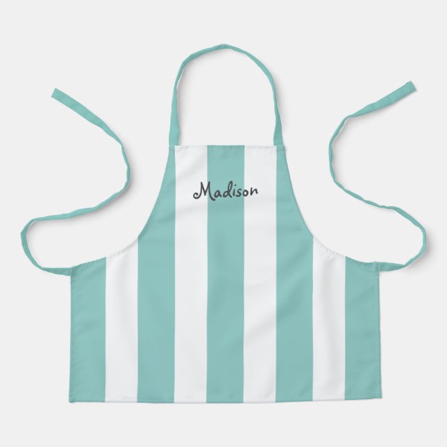 Cute Girly Teal White Stripes Personalised Kids Apron (Front)