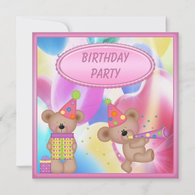 Cute Girly Teddy Bears Birthday Party Invitation (Front)