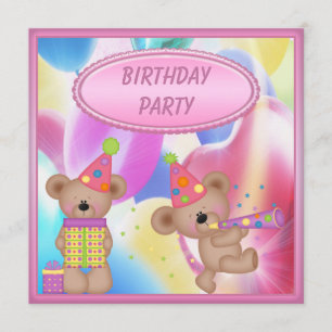 Cute Girly Teddy Bears Birthday Party Invitation