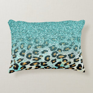 Cute girly trendy light blue faux glitter leopard decorative cushion