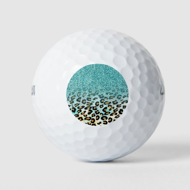 Cute girly trendy light blue faux glitter leopard golf balls (Front)