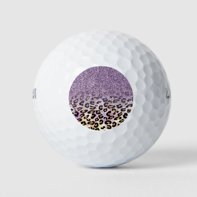 Cute girly trendy purple faux glitter leopard golf balls (Front)