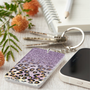 Cute girly trendy purple faux glitter leopard key ring