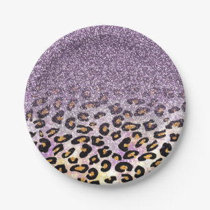 Cute girly trendy purple faux glitter leopard paper plate