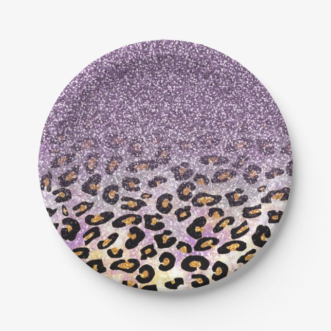 Cute girly trendy purple faux glitter leopard paper plate (Front)