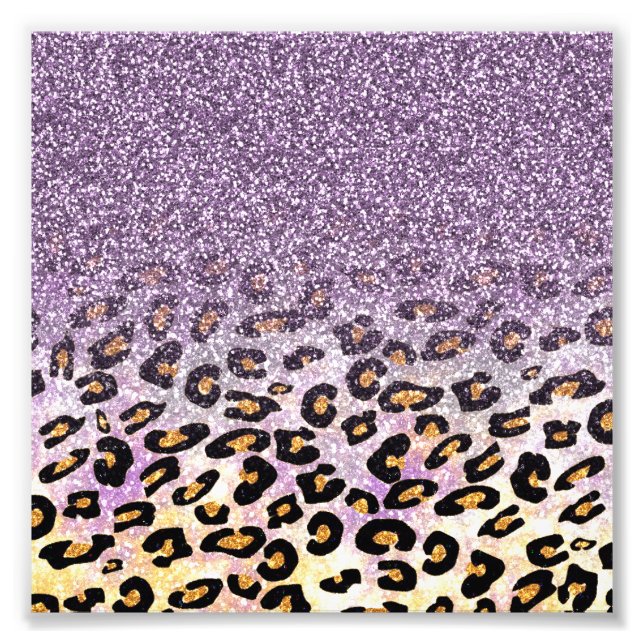 Cute girly trendy purple faux glitter leopard photo print (Front)