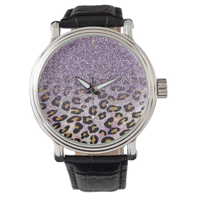 Cute girly trendy purple faux glitter leopard watch (Front)
