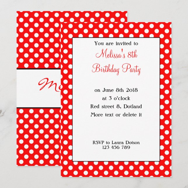 Cute Girly Trendy Red White polka dots Bday Invite (Front/Back)