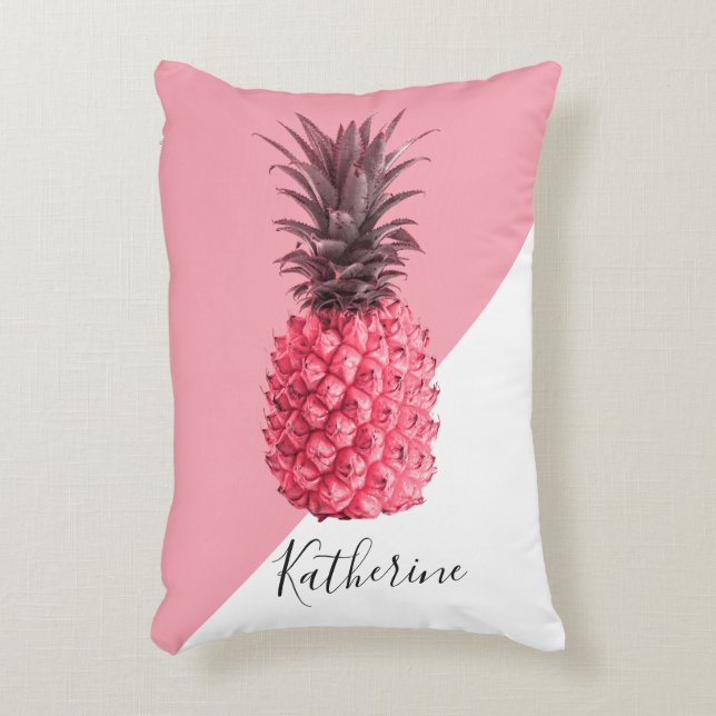 Cute girly tropical pink and white pineapple decorative cushion (Front(Vertical))