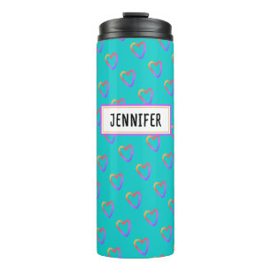 Cute Girly Turquoise Colourful Heart Pattern Name Thermal Tumbler
