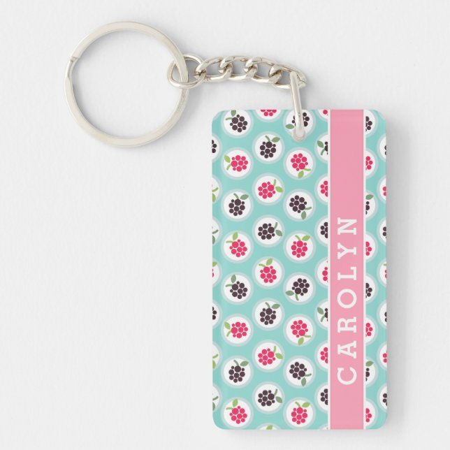 Cute girly turquoise raspberry patterns monogram key ring (Front)