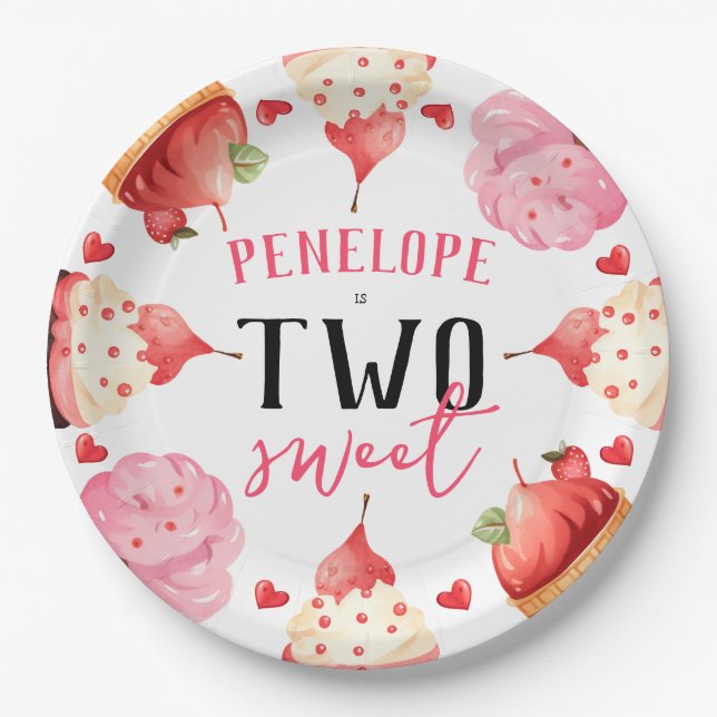 Cute Girly Two Sweet Ice Cream Birthday Paper Plate (Front)