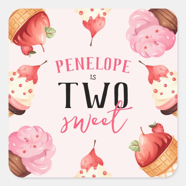 Cute Girly Two Sweet Ice Cream Birthday Square Sticker (Front)