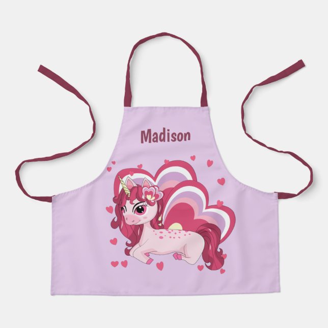 Cute Girly Unicorn Kids Personalised Name Apron (Front)