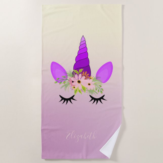 Cute Girly  Unicorn ,Ombre  -Personalised Beach Towel (Front)