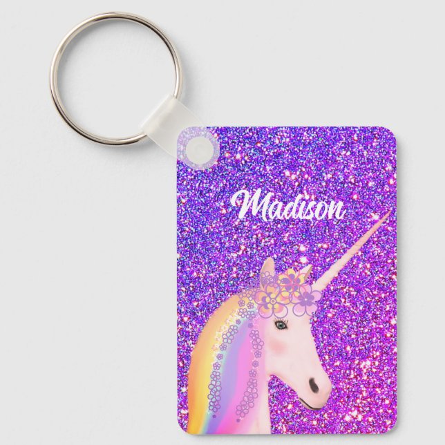 Cute Girly Unicorn Purple Glitter Personalised Key Ring (Front)